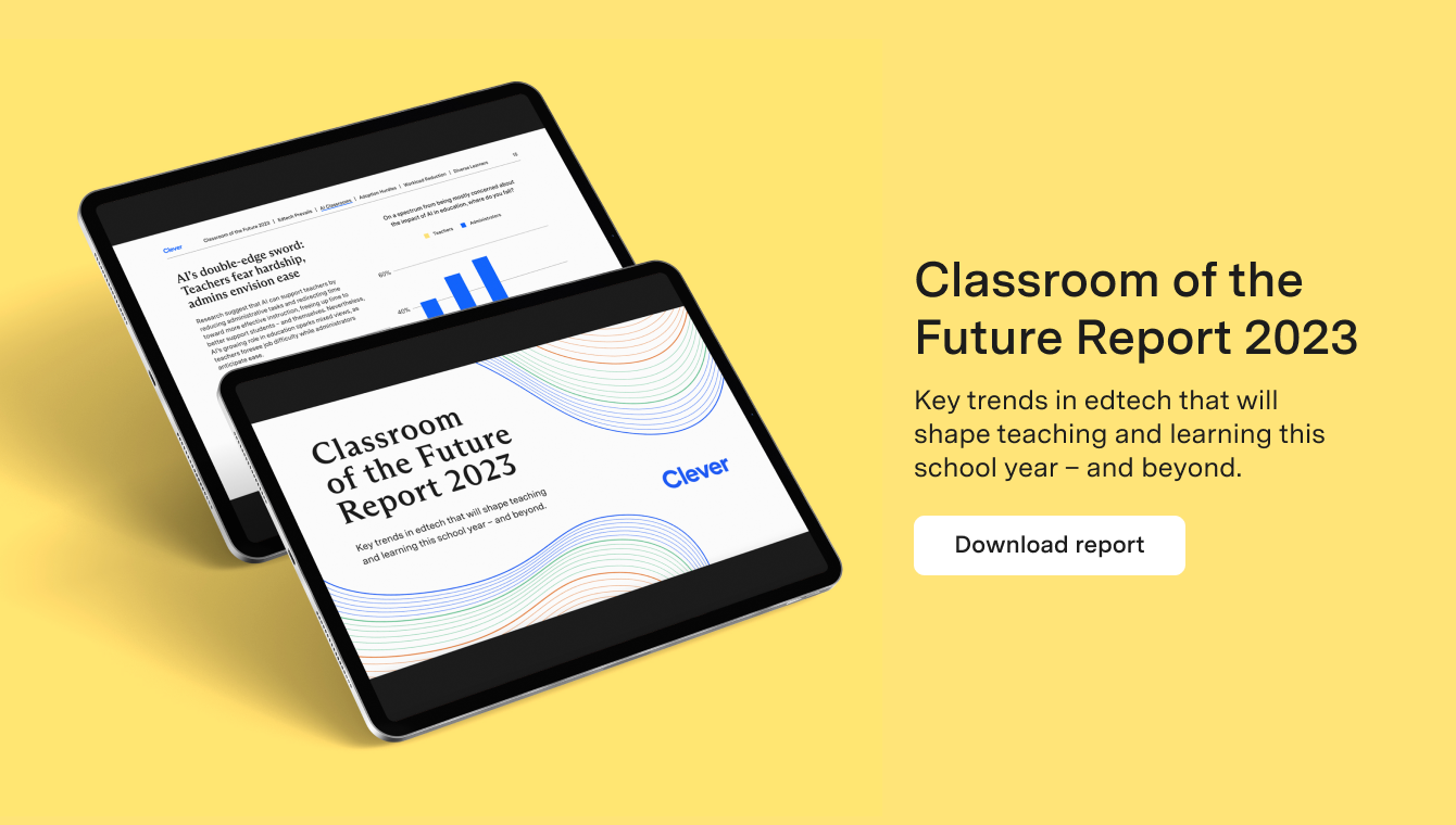 Tablet devices showing cover page of the Classroom of the Future Report - click to download full report