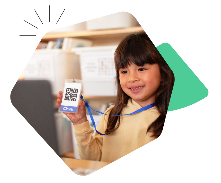 Elementary age student holding up a Clever Badge